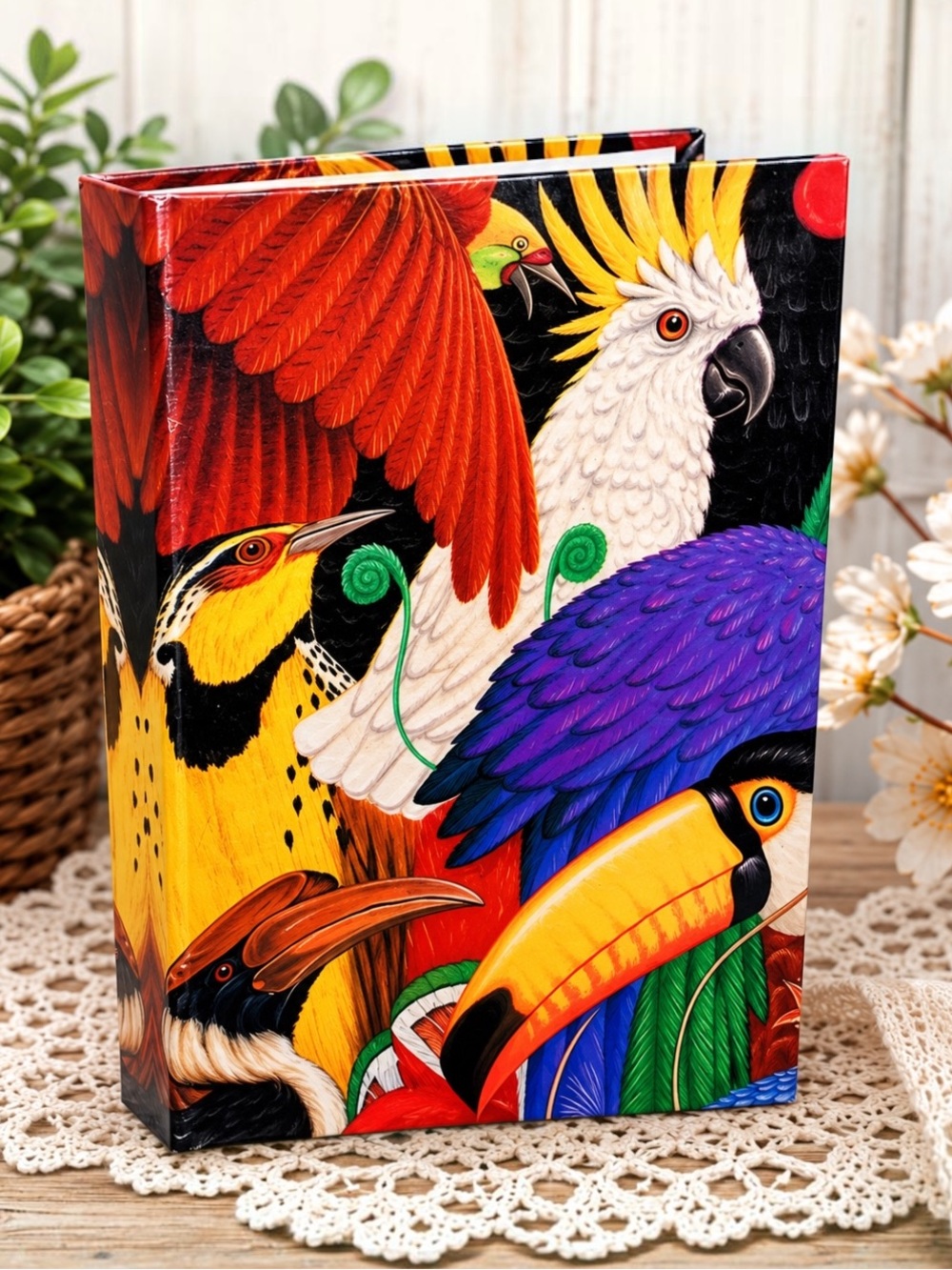 Vintage Tropical Birds Photo Album Holds 60 Photos Toucan Cockatoo Colorful 10”